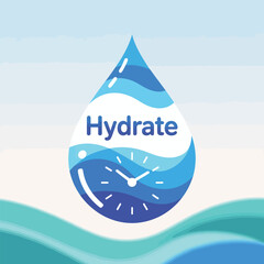 Hydrate icon illustration depicting water droplet clock design promoting healthy hydration practices with blue and white color palette