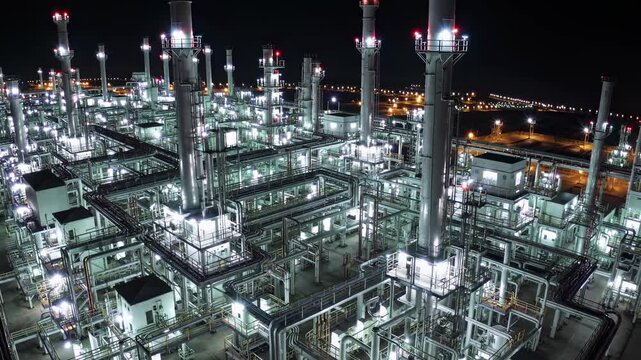 Complex network of pipes and towers brightly lit at night, showcasing the continuous operations of a petrochemical plant, highlighting the energy industry's relentless pursuit of fuel production