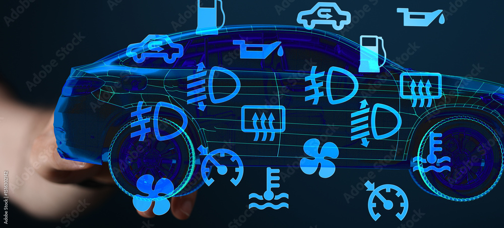Poster stock photo of a digital car with illuminated warning lights and symbols. perfect for automotive tec