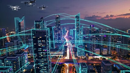 Futuristic cityscape glowing at dusk, featuring interconnected buildings and drones soaring overhead, representing advanced smart city technology and seamless data exchange - Powered by Adobe
