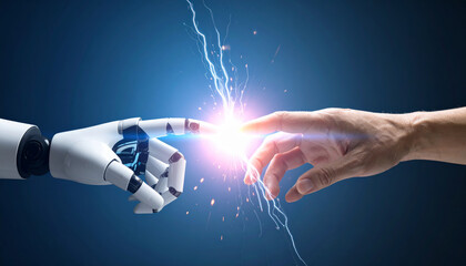 Robot hand human hand technology connection electricity touch artificial intelligence future innovation blue background digital