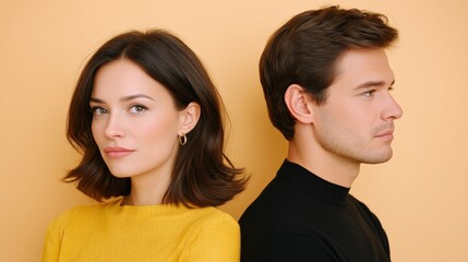 Fototapeta premium Couple Standing Back-to-Back in Contemplative Pose Against Soft Yellow Background