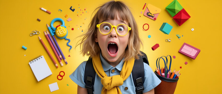 Rentr&eacute;e scolaire Jeune Fille amusante sur fond jaune