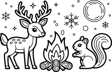 Cute reindeer squirrel campfire winter coloring page