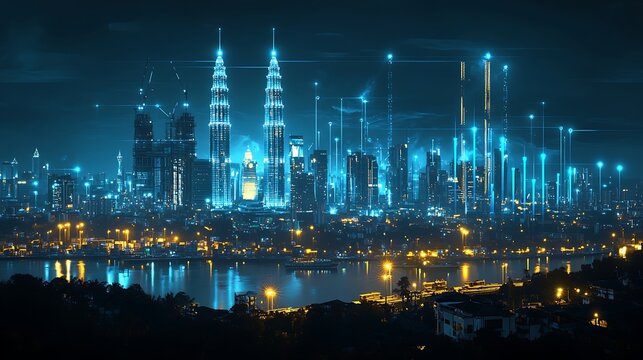 economic growth visualization Malaysia with rising bar graphs superimposed on map and glowing shipping containers moving across seas