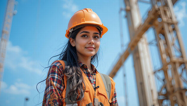 Indian female construction worker in closeup view at a construction zone wearing a helmet and orange vest 
