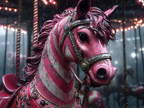 Whimsical pink carousel horse illuminated by vintage lights on a rainy night