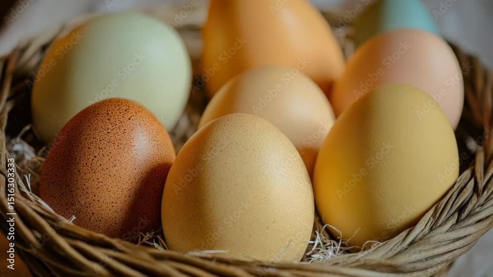 Poster A basket filled with eggs sits on a table, waiting for use or display