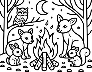 Cute forest animals campfire night scene coloring page