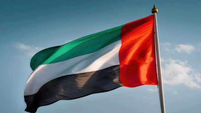 United Arab Emirates flag waves against clear blue sky background. Colors of red, green, white, black proudly symbolize nation rich heritage, unity. National pride, identity. UAE culture, celebration.