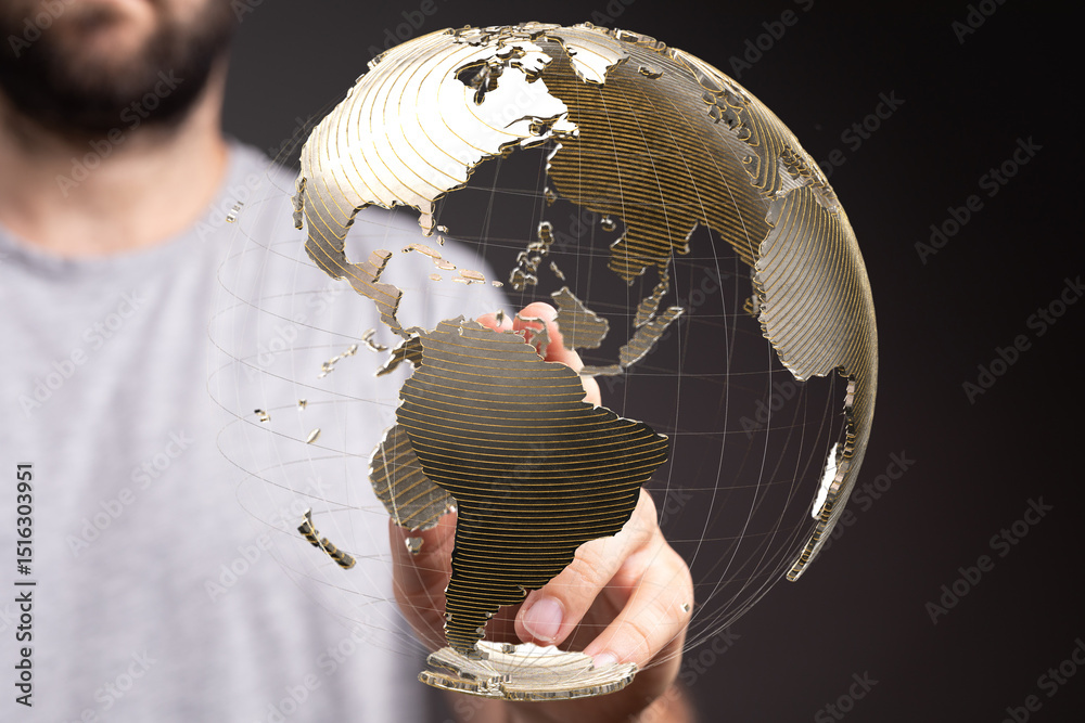 Poster a man interacts with a digital globe, symbolizing global connection and networking.