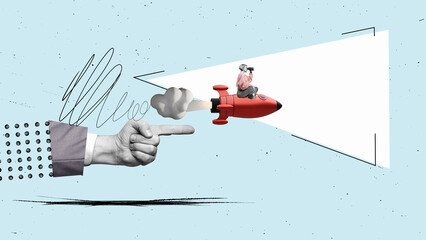 Signpost - a hand shows the business woman with binoculars where to look. Business analytics and strategic. Find a way.