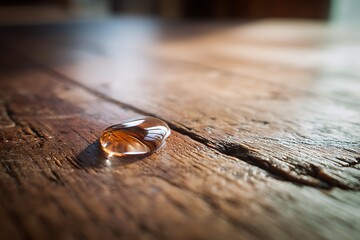 a polished wood surface with a single drop of oil resting on it, highlighting the contrast between the sleek, smooth surface and the glossy liquid, captured with soft lighting.
