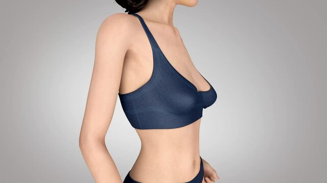 Breast augmentation, female breast lift to make sagging breasts fuller and firmer, lady in underwear, before and after, 3D animation.