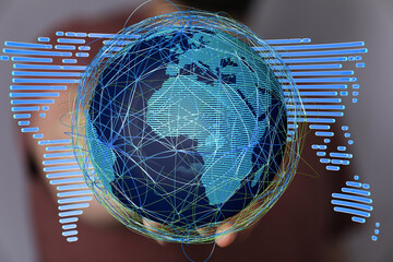 Abstract image of a digital world map showcasing global network connections and data streams.