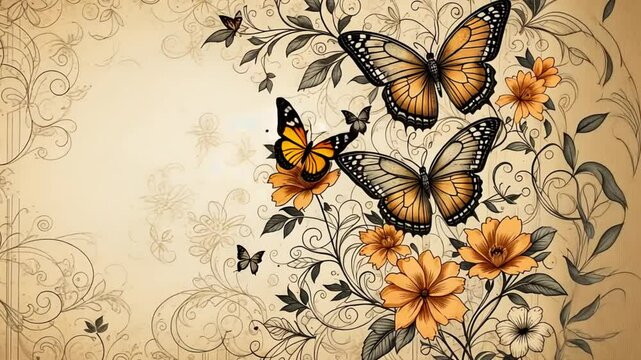 Vintage floral design with butterflies and flowers on a beige background with swirls and flourishes