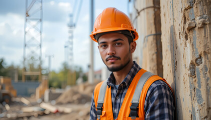 Teen boy with mixed heritage working wearing a helmet and orange vest at a construction site