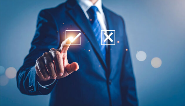 Businessman in suit touching glowing check mark icon, symbolizing decision making, approval, and success in business or technology environment, with blurred background