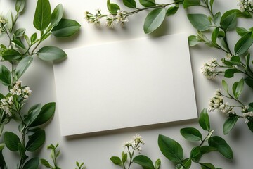 Blank canvas surrounded by leaves and flowers on a clean surface in soft natural light