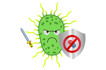 Cartoon Superbug with Sword and Anti-Antibiotics Shield , Antimicrobial Resistance Illustration for Medical and Educational Use
