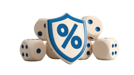 White dice with blue dots are surrounding a shield with a percentage sign, symbolizing risk management and investment security, on a transparent background