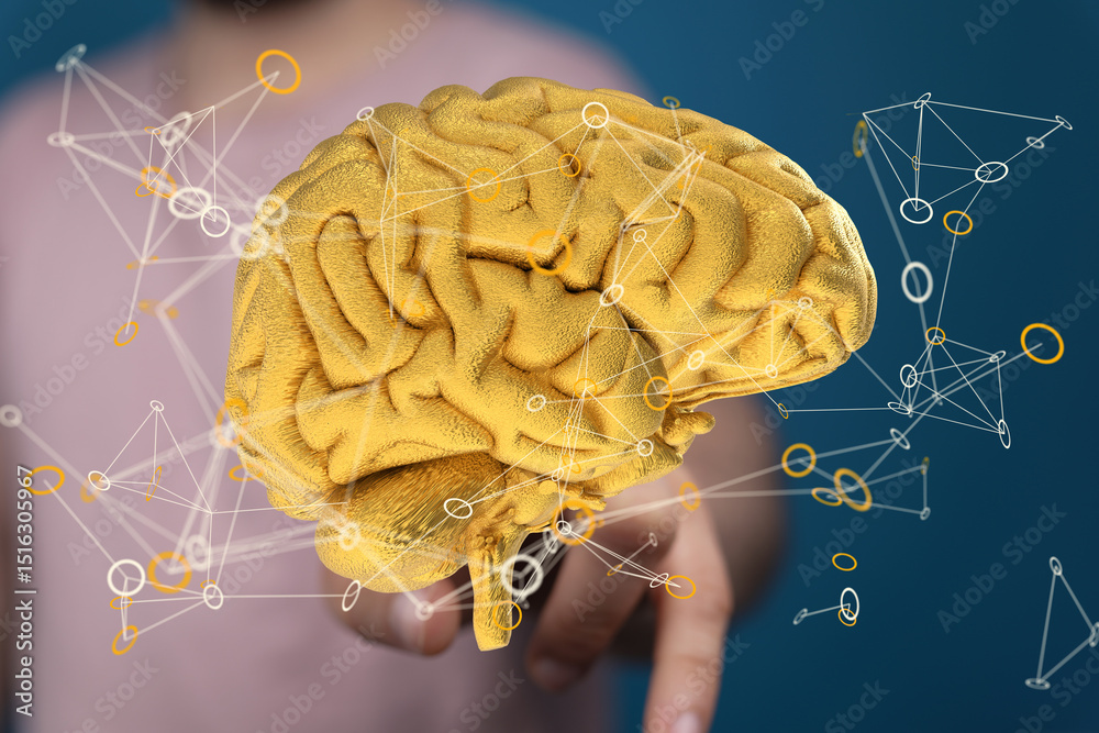 Aufkleber 3d golden brain model with glowing neural network connections. ideal for ai, neuroscience, and techn