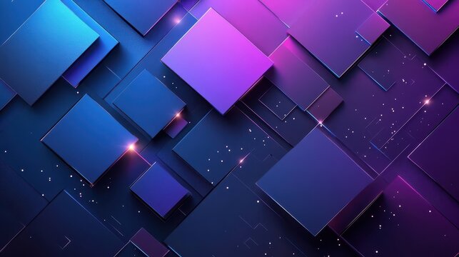 Blue and purple geometric squares float with subtle light sparkles. Use for technology, science, future, or creative background visuals.