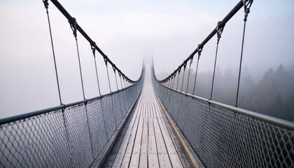 Fototapeta premium Suspension bridge with wooden planks stretches into dense fog, creating mysterious and adventurous atmosphere, surrounded by misty forest and steel cables