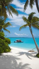 tropical beach with palm trees and boat