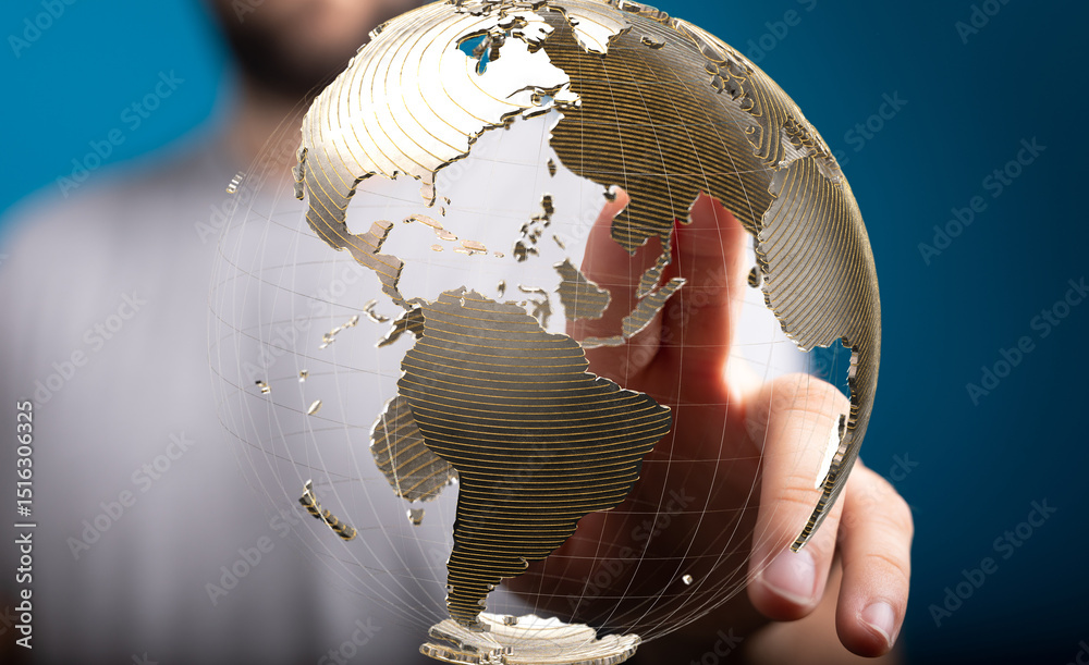 Leinwandbilder Abstract image of a hand interacting with a digital globe, representing global connectivity and networking.