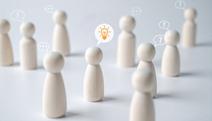 Wooden figure idea question group communication teamwork creativity leadership discussion concept. Wooden figures group one with lightbulb symbolizing idea others with question marks representing