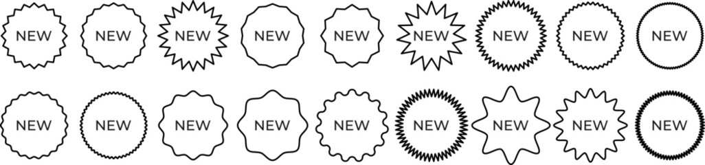 Collection of outline-style "NEW" badges with starburst, wave, and zigzag shapes. Minimalist design perfect for UI tags, product labels, and ecommerce highlights