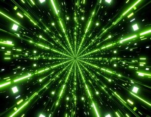Naklejka premium Neon green tunnel, radial lines, glowing squares