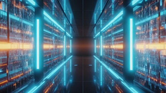 An abstract corridor vertical neon light lines holographic panels. walls data flow stripe faint glowing particles. mirror simulate digital vault. blue, orange chrome fidelity, crisp, futuristic tone - Powered by Adobe