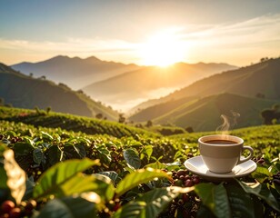 Sunrise coffee in a tea plantation