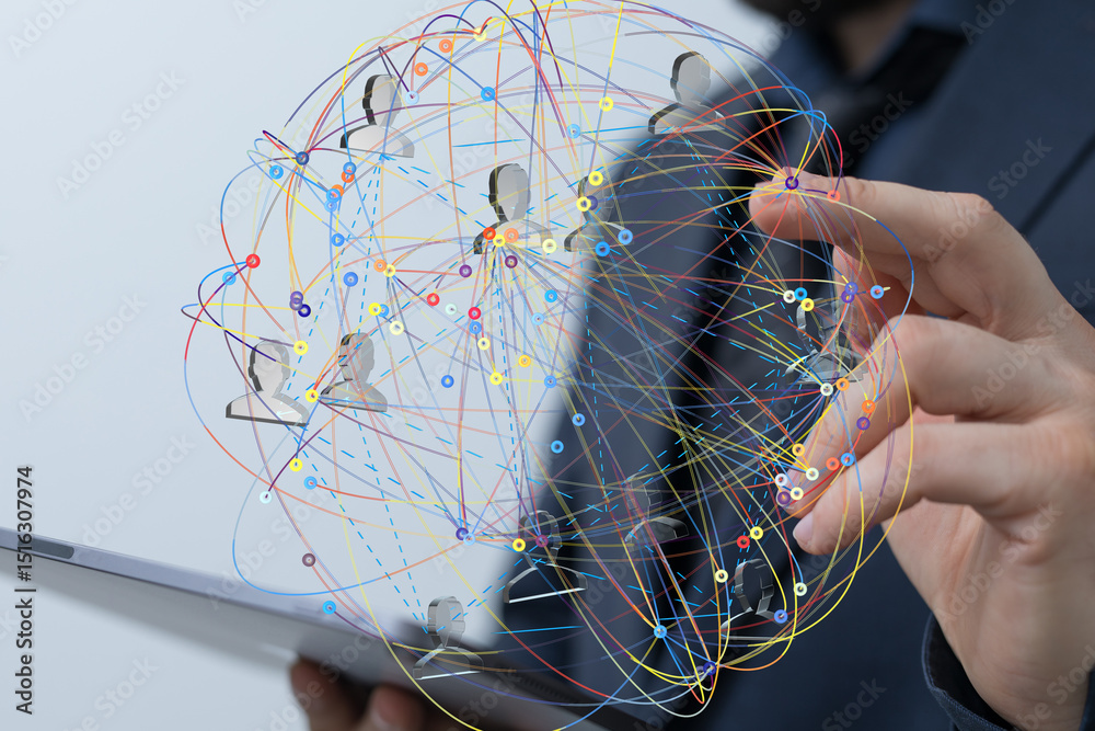 Aufkleber Visual representation of global networking, teamwork, and digital collaboration. Ideal for business and technology.