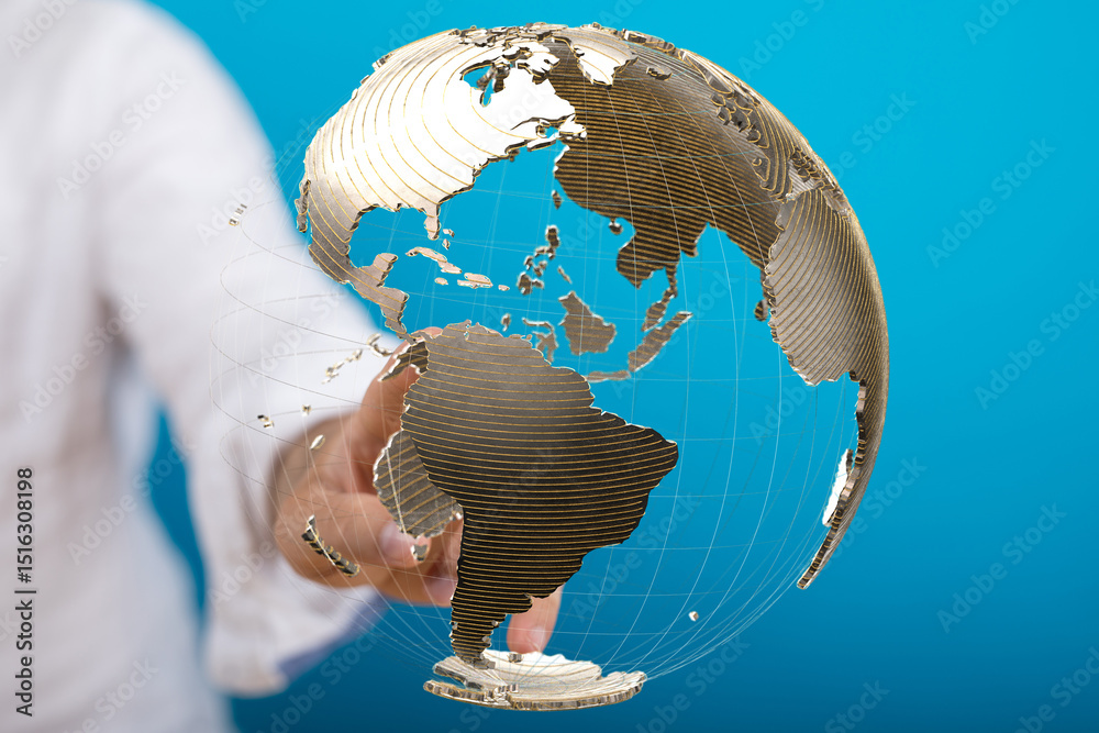 Poster High-quality stock photo of a hand interacting with a 3D model of Earth, representing global connectivity and networking.