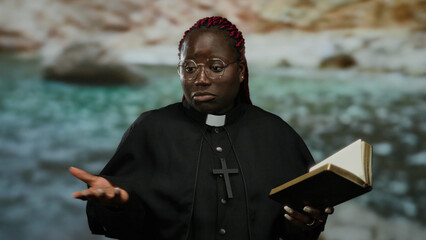 Woman in clergy attire reads and gestures with book by seaside, symbolizing faith and spirituality...