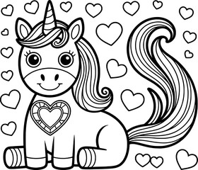 Adorable unicorn coloring page hearts design