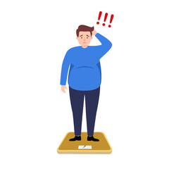 Overweight man standing on body scale in flat design on white background. Weight gain anxiety