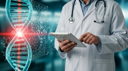 Medical professional in white coat using tablet device, surrounded by digital DNA graphics and data visualization elements, representing modern healthcare technology and innovation in medical research - Powered by Adobe
