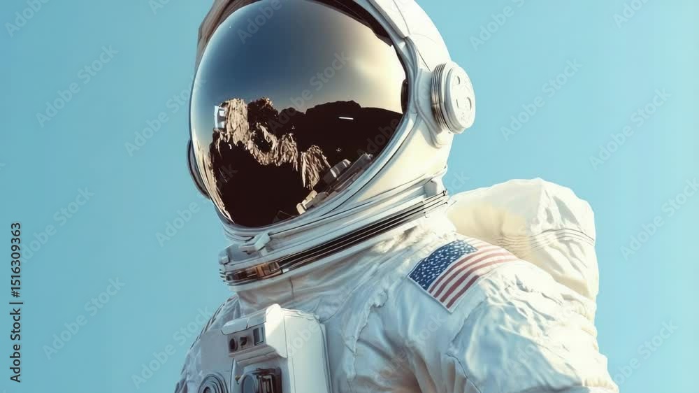 Poster a close-up shot of a person wearing a space suit, perfect for use in sci-fi or futuristic themed pro
