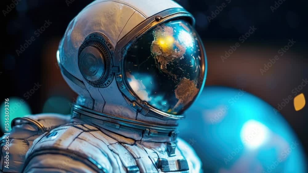 Poster a close-up shot of a person wearing a space suit, ideal for sci-fi or technology-related projects