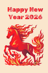 Fiery Red Horse – Happy New Year 2026 Greeting Card