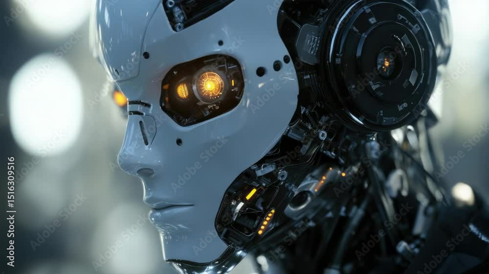 Poster a close-up view of a robot's head with bright, glowing eyes