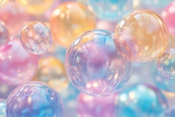 Iridescent bubbles float, reflecting pink, blue, and golden hues in soft light. Use this as a whimsical background for a party, kids, or a dreamy concept.