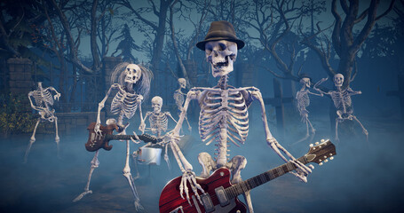 Halloween party: eerie music group playing rock in frightening gothic graveyard. Amusing skeletons dancing, playing guitars and drums.