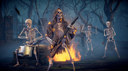 Halloween party: creepy skeleton band playing rock. Scary skeleton in burning robe playing guitar.
