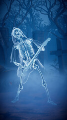 Halloween party. A ghost skeleton play guitar in a scary gothic cemetery.