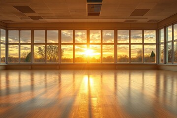 Bright sun shines through big windows onto a gleaming wood floor. Use this clean space for a wellness studio or yoga background.